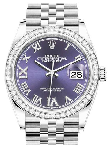 Rolex Steel Datejust 36 Watch - Diamond Bezel - Aubergine Purple Diamond Roman VI and IX Dial - Jubilee Bracelet (Reference #126284rbr) - WatchesOff5thWatch